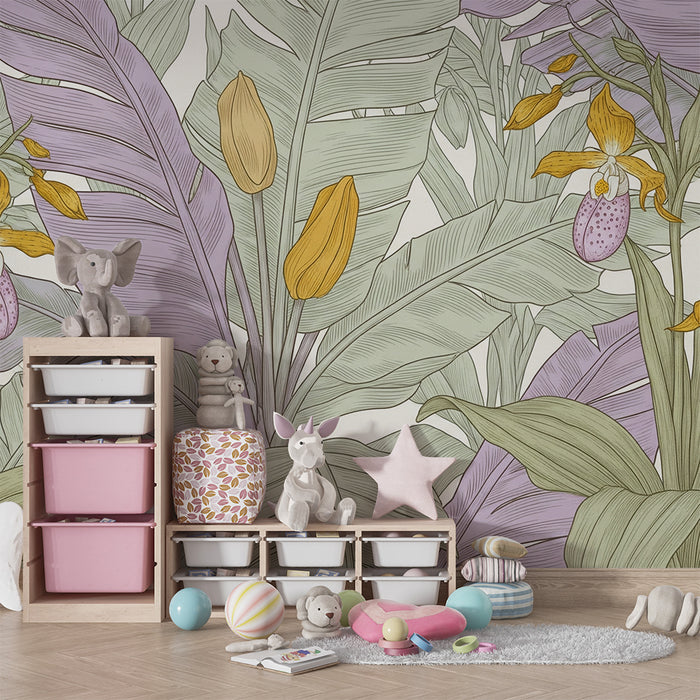 Barntapet | Exotiska blommor och delikat lövverk i pastellfärger