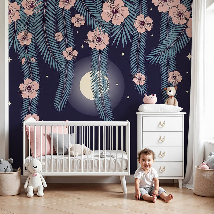 Babykamer behang | Exotische bloemen onder de maan
