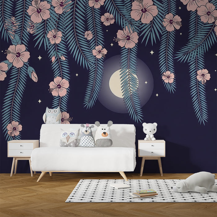 Babykamer behang | Exotische bloemen onder de maan