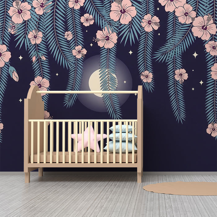 Babykamer behang | Exotische bloemen onder de maan