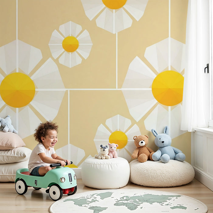 Papel pintado infantil | Flores geométricas en blanco y amarillo
