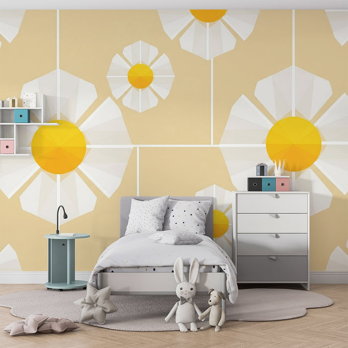 Papel pintado infantil | Flores geométricas en blanco y amarillo