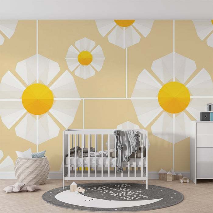 Papel pintado infantil | Flores geométricas en blanco y amarillo