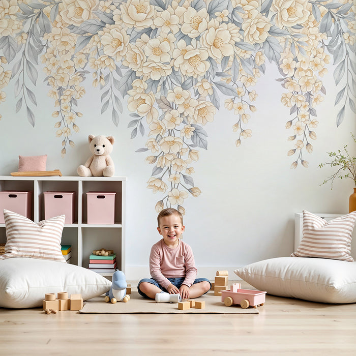 Papier peint chambre bébé | Fleurs grises et jaunes tombantes