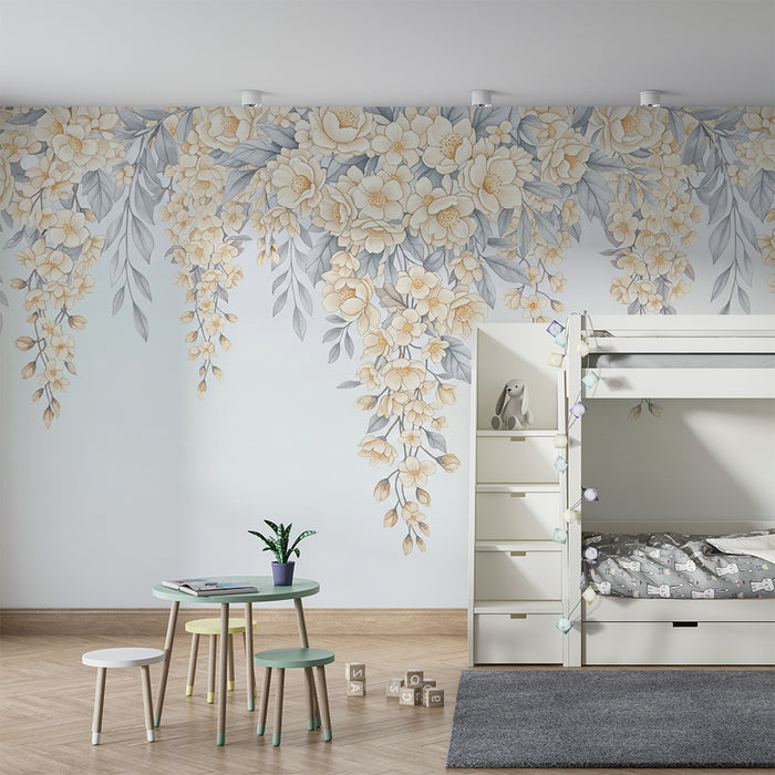 Papier peint chambre bébé | Fleurs grises et jaunes tombantes