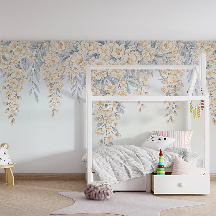 Papier peint chambre bébé | Fleurs grises et jaunes tombantes