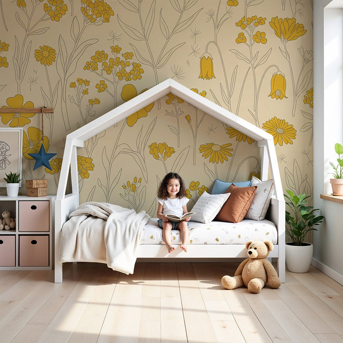 Papier peint chambre bébé | Fleurs jaunes délicates sur fond beige