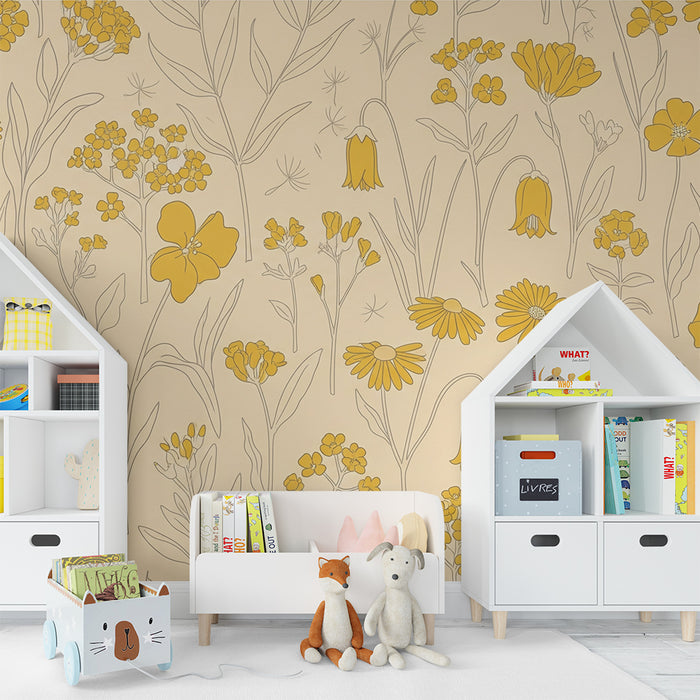 Papier peint chambre bébé | Fleurs jaunes délicates sur fond beige
