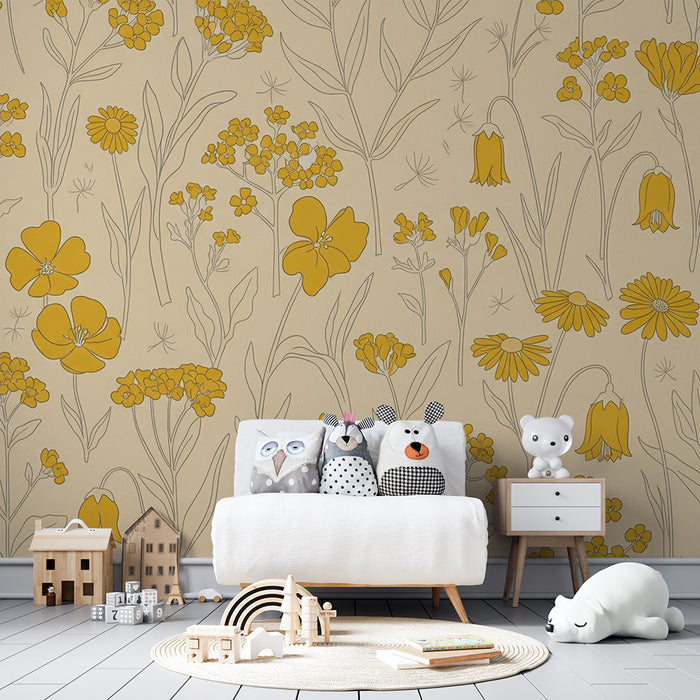 Papier peint chambre bébé | Fleurs jaunes délicates sur fond beige