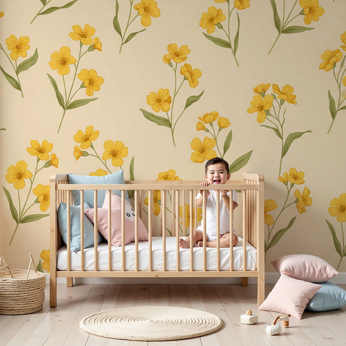 Tapet till babyrum | Känsliga gula blommor på mjuk beige botten