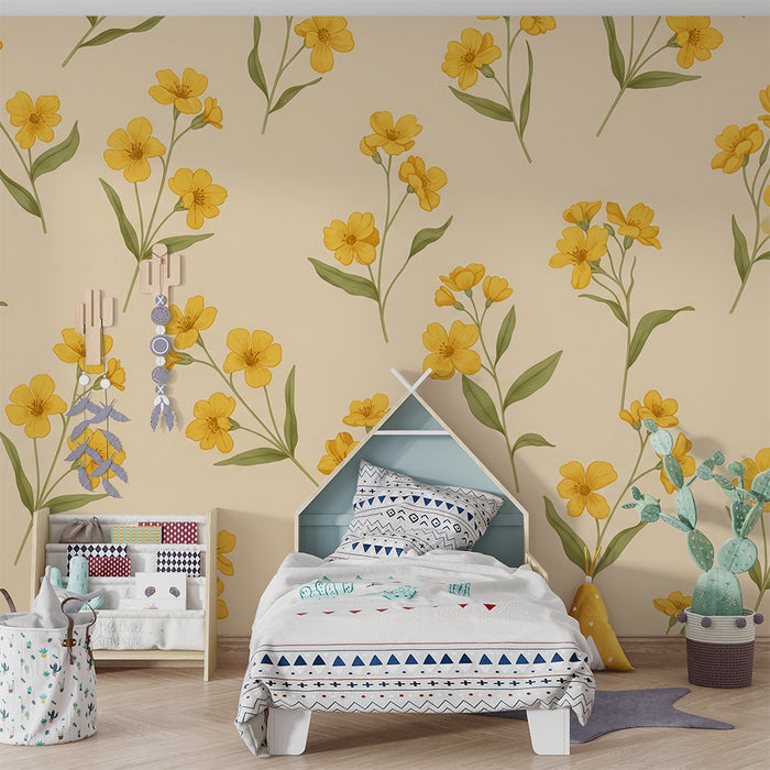 Tapet till babyrum | Känsliga gula blommor på mjuk beige botten