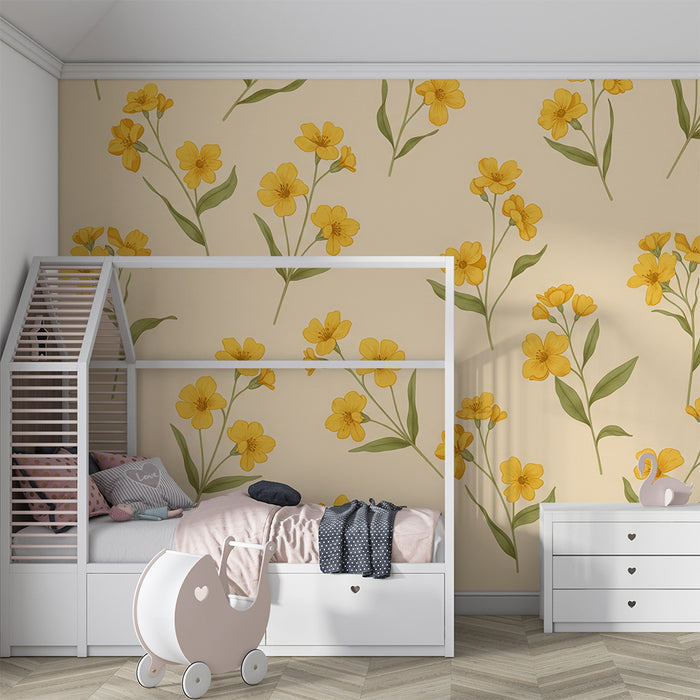 Tapet till babyrum | Känsliga gula blommor på mjuk beige botten