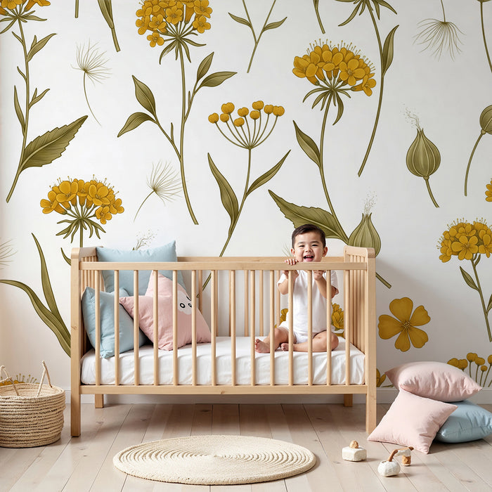 Papier peint chambre bébé | Fleurs jaunes délicates sur fond blanc