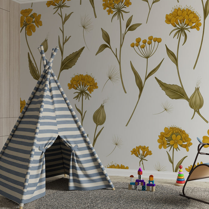 Papier peint chambre bébé | Fleurs jaunes délicates sur fond blanc