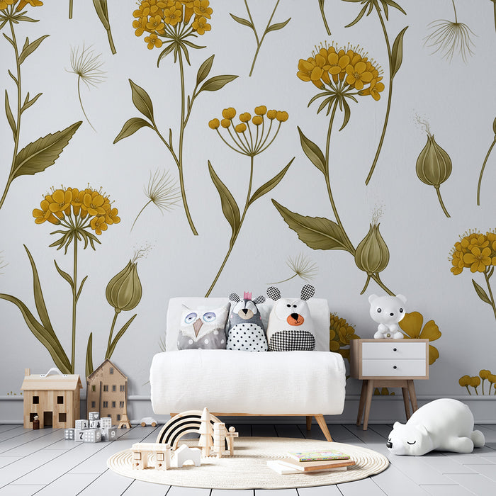 Papier peint chambre bébé | Fleurs jaunes délicates sur fond blanc