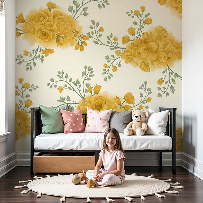 Papier peint chambre bébé | Fleurs jaunes délicates sur fond crème clair