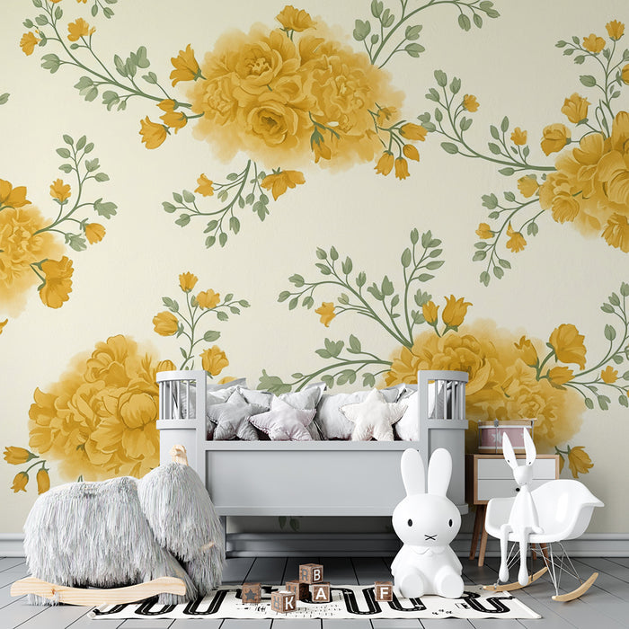 Papier peint chambre bébé | Fleurs jaunes délicates sur fond crème clair