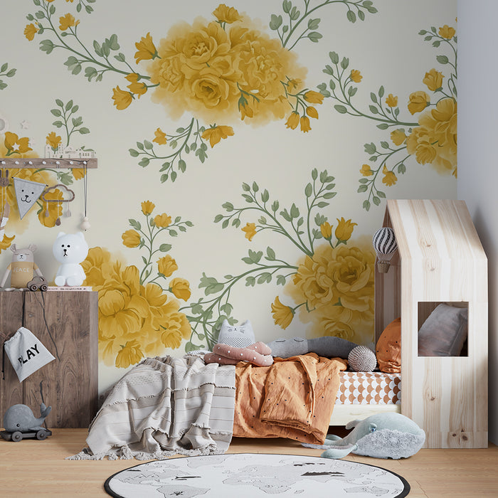 Papier peint chambre bébé | Fleurs jaunes délicates sur fond crème clair