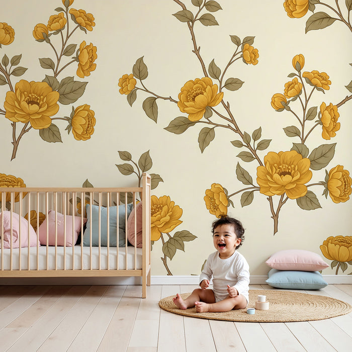 Tapete fürs Babyzimmer | Zarte gelbe Blumen auf sanftem Cremeton
