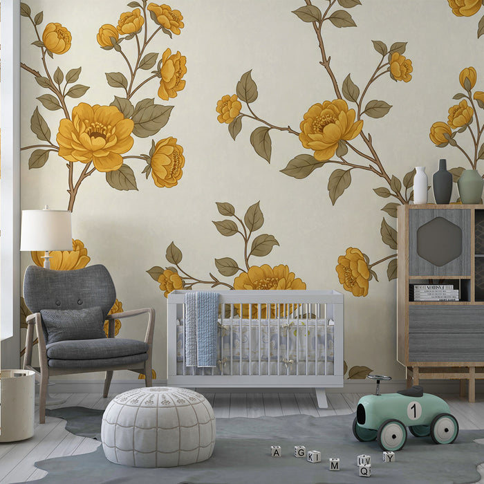 Tapete fürs Babyzimmer | Zarte gelbe Blumen auf sanftem Cremeton