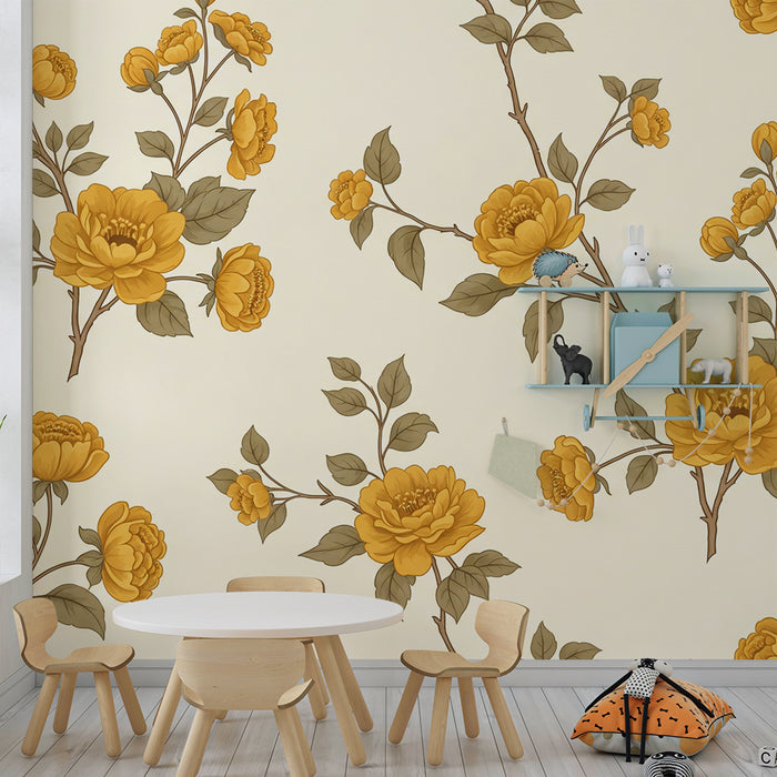 Tapete fürs Babyzimmer | Zarte gelbe Blumen auf sanftem Cremeton