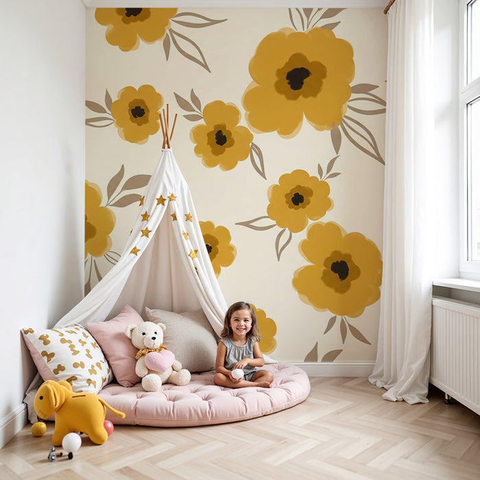 Papier peint chambre bébé | Fleurs jaunes délicates sur fond crème léger