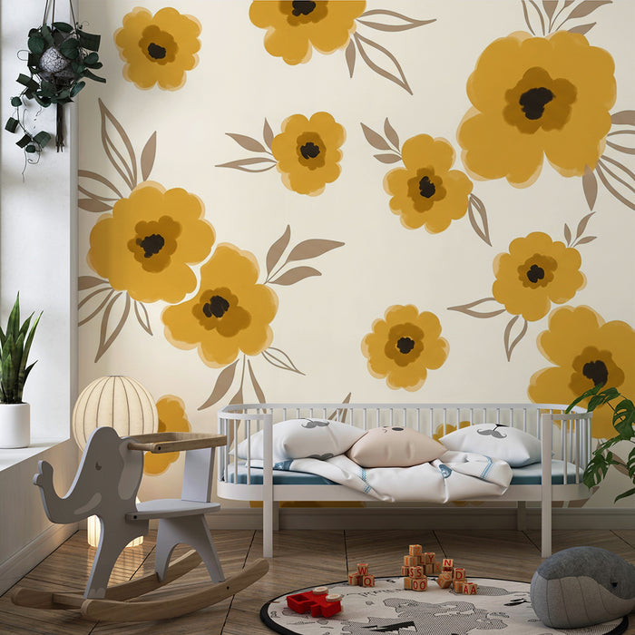 Papier peint chambre bébé | Fleurs jaunes délicates sur fond crème léger