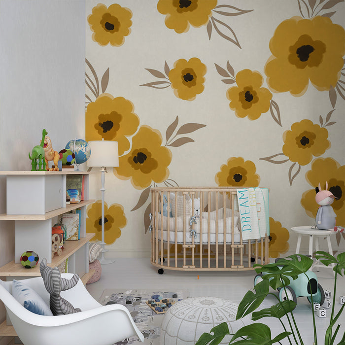 Papier peint chambre bébé | Fleurs jaunes délicates sur fond crème léger