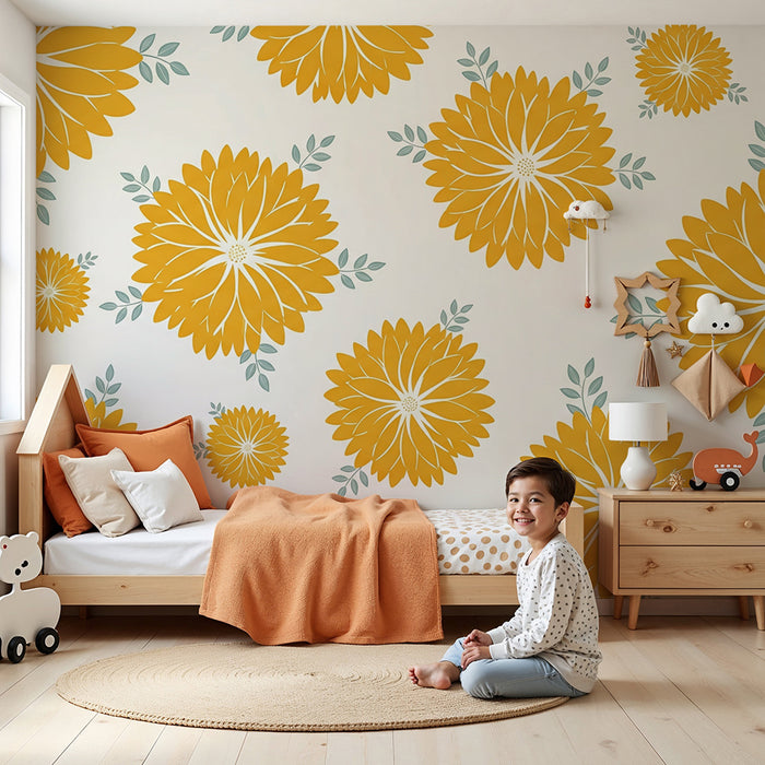 Papier peint chambre bébé | Fleurs jaunes éclatantes sur fond blanc