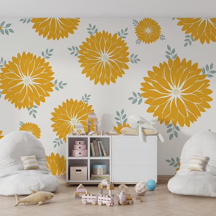 Papier peint chambre bébé | Fleurs jaunes éclatantes sur fond blanc