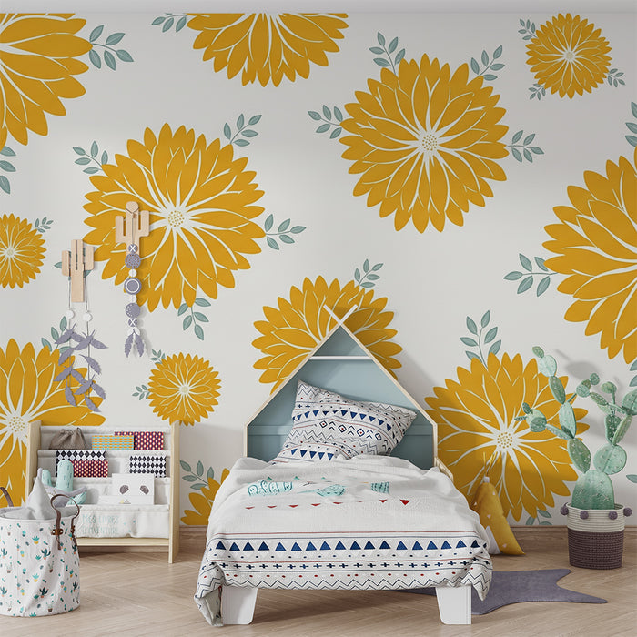 Papier peint chambre bébé | Fleurs jaunes éclatantes sur fond blanc
