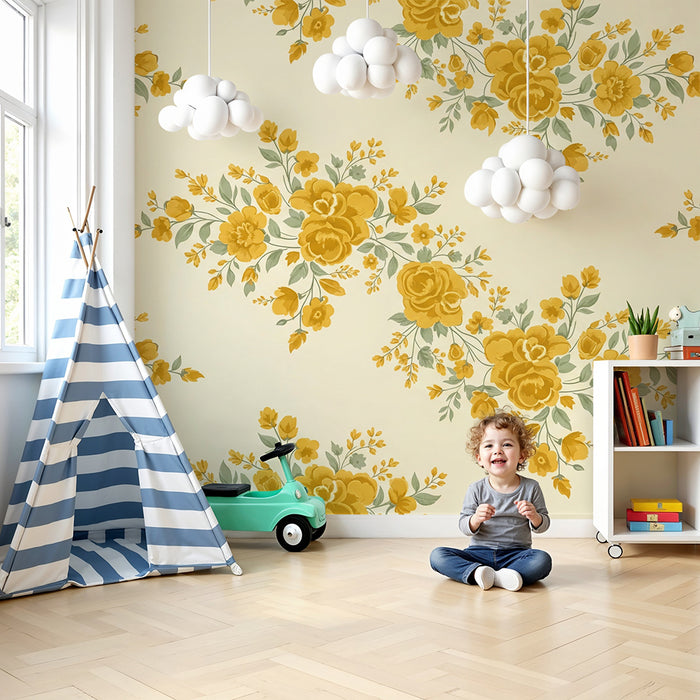 Papier peint chambre bébé | Fleurs jaunes éclatantes sur fond crème
