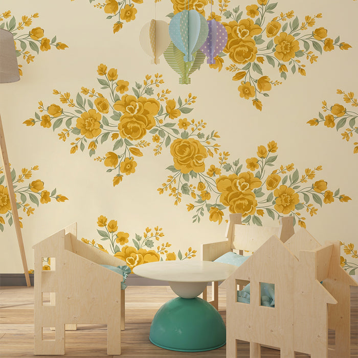 Papier peint chambre bébé | Fleurs jaunes éclatantes sur fond crème