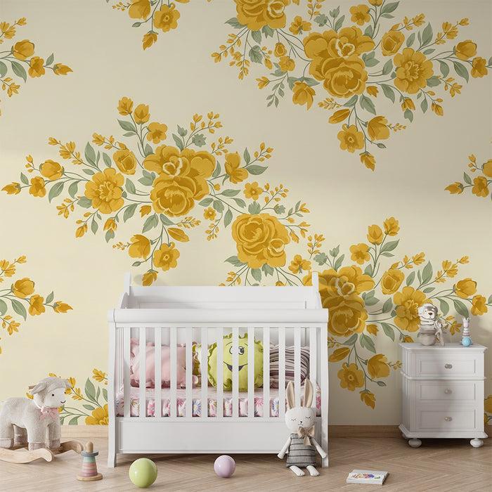 Papier peint chambre bébé | Fleurs jaunes éclatantes sur fond crème