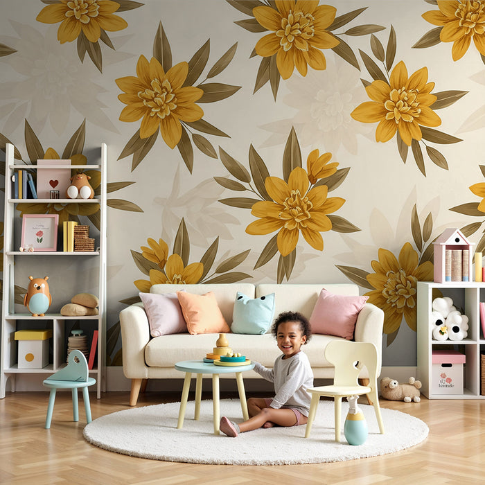 Papier peint chambre bébé | Fleurs jaunes éclatantes sur fond doux