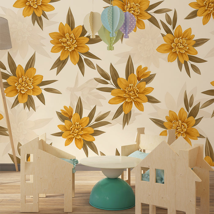 Papier peint chambre bébé | Fleurs jaunes éclatantes sur fond doux