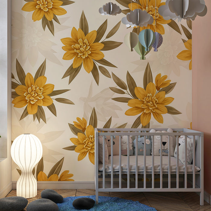 Papier peint chambre bébé | Fleurs jaunes éclatantes sur fond doux