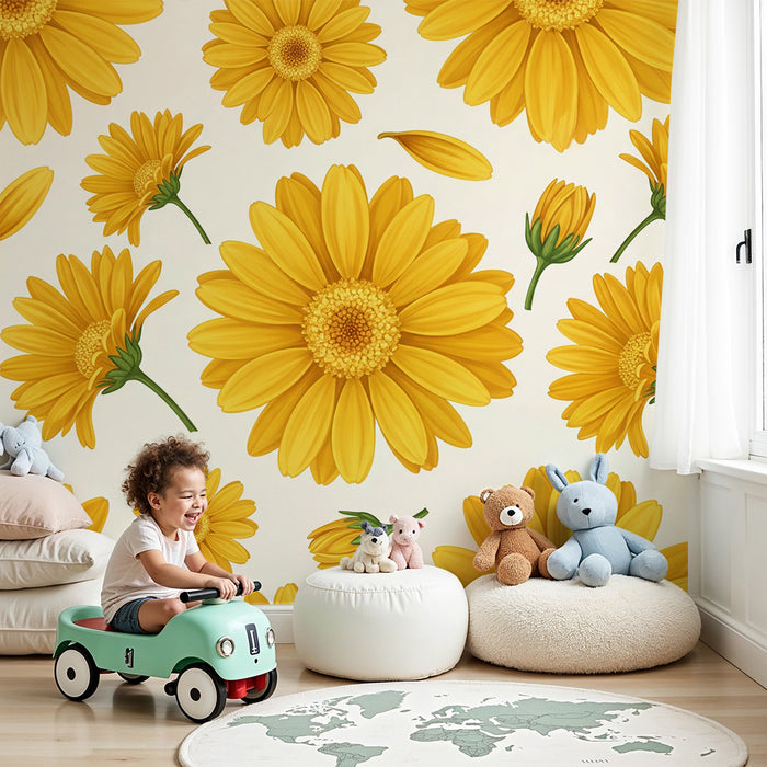 Papier peint chambre bébé | Fleurs jaunes éclatantes sur fond doux et clair