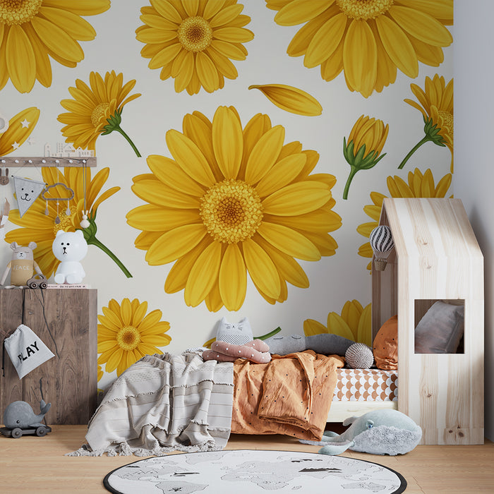 Papier peint chambre bébé | Fleurs jaunes éclatantes sur fond doux et clair