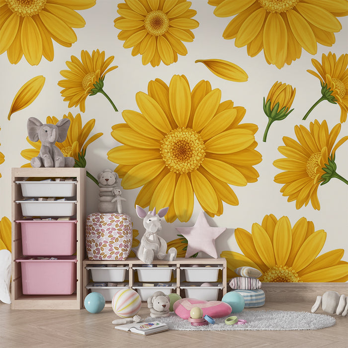 Papier peint chambre bébé | Fleurs jaunes éclatantes sur fond doux et clair