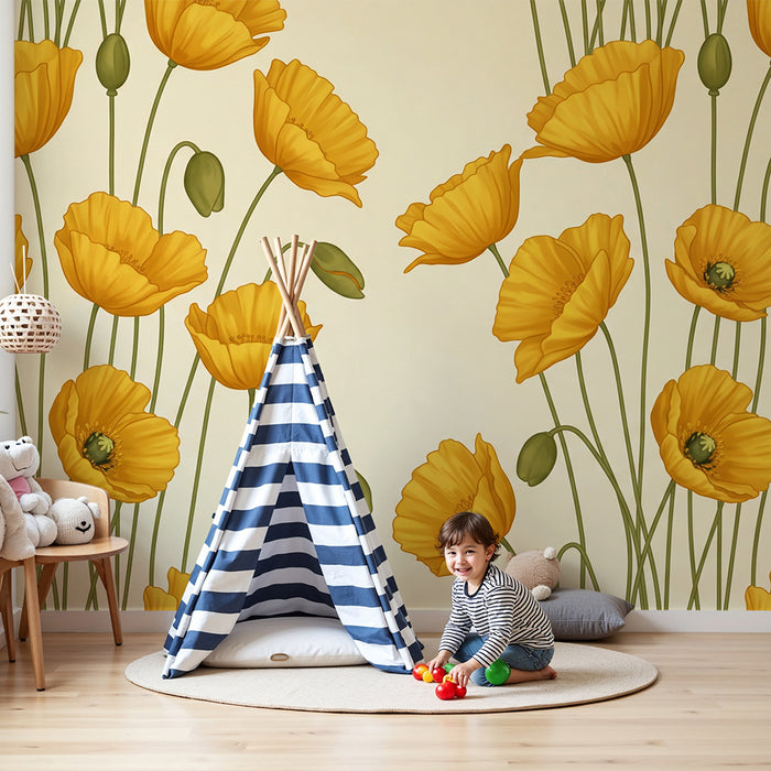 Papier peint chambre bébé | Fleurs jaunes éclatantes sur fond tendre
