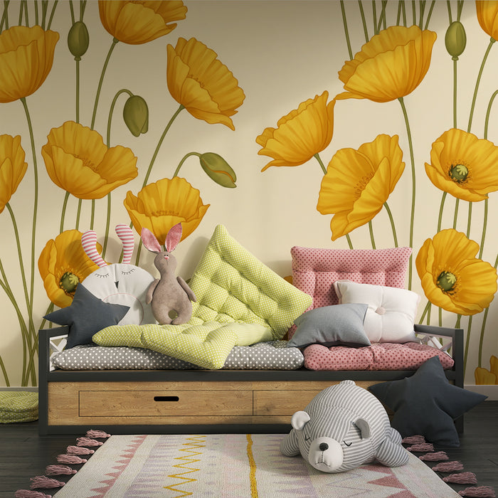 Papier peint chambre bébé | Fleurs jaunes éclatantes sur fond tendre