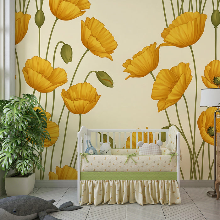 Papier peint chambre bébé | Fleurs jaunes éclatantes sur fond tendre