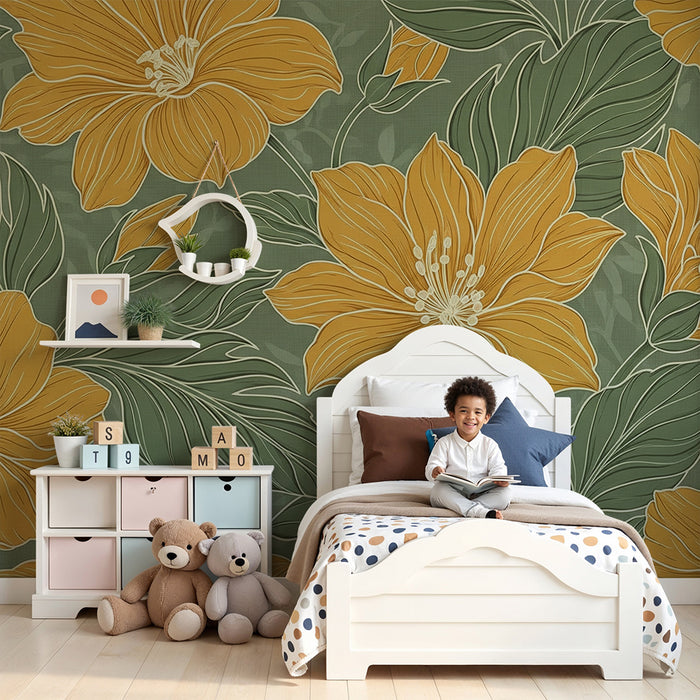 Papier peint chambre bébé | Fleurs jaunes éclatantes sur fond vert apaisant