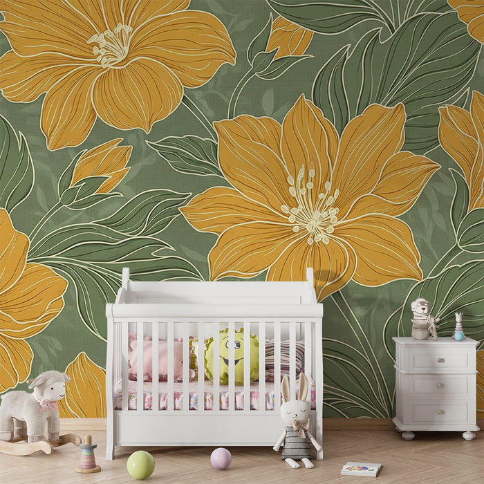 Papier peint chambre bébé | Fleurs jaunes éclatantes sur fond vert apaisant