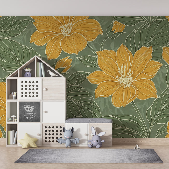 Papier peint chambre bébé | Fleurs jaunes éclatantes sur fond vert apaisant