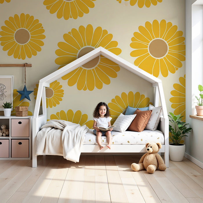 Papier peint chambre bébé | Fleurs jaunes enjouées sur fond crème