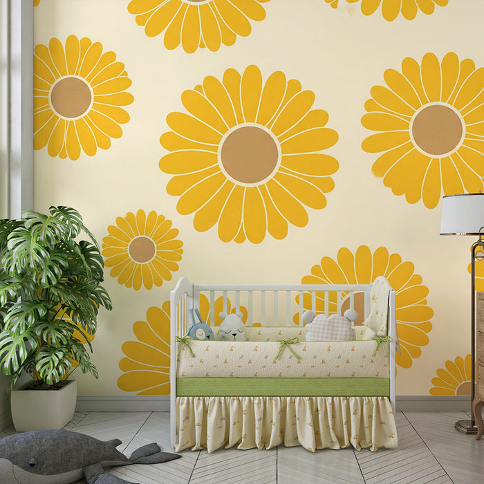 Papier peint chambre bébé | Fleurs jaunes enjouées sur fond crème