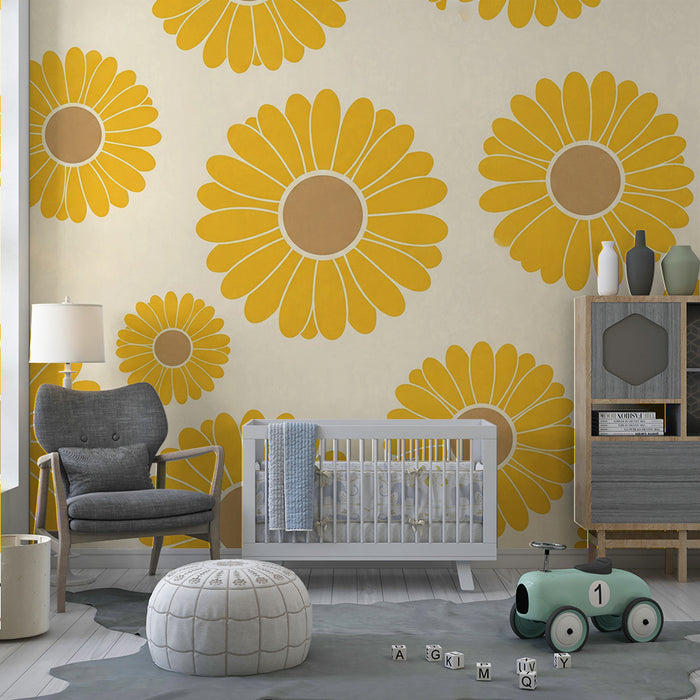 Papier peint chambre bébé | Fleurs jaunes enjouées sur fond crème