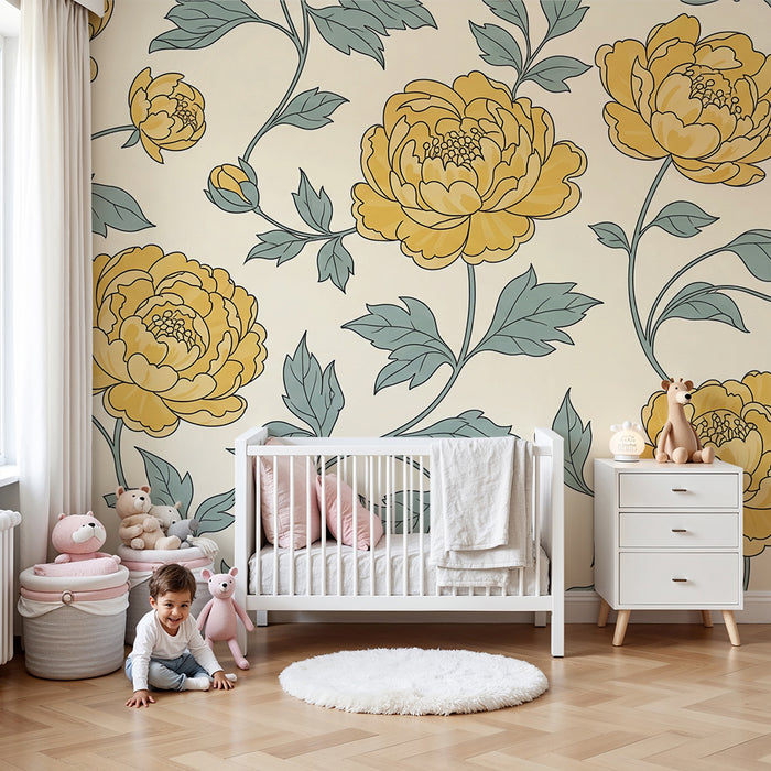 Papel de parede quarto bebê | Rumene rože in nežno listje na kremnem ozadju